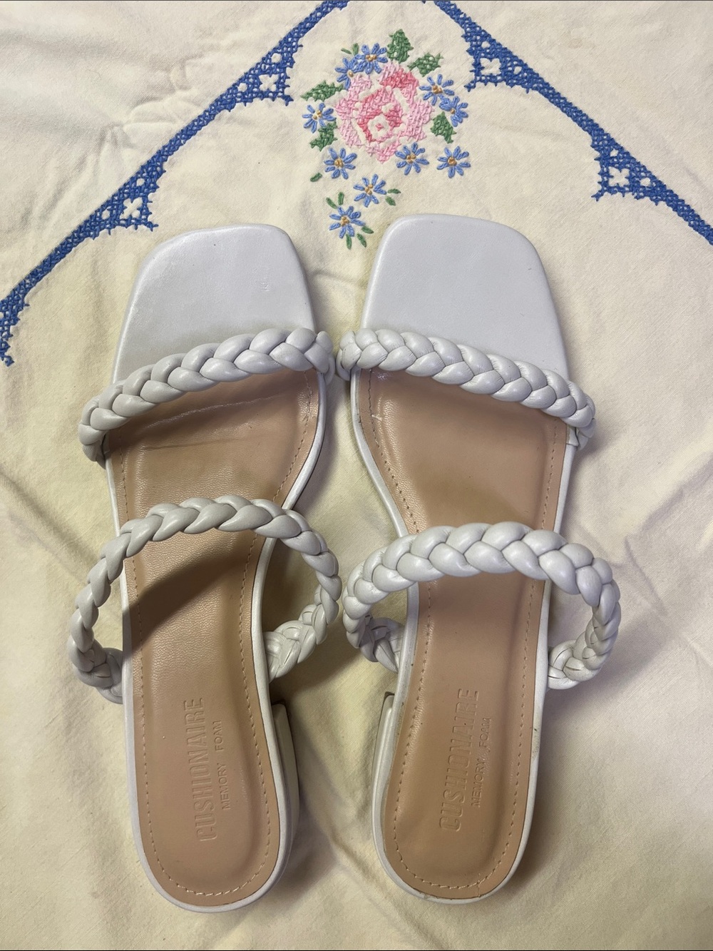 Braided Double-Strap White Slide Sandals